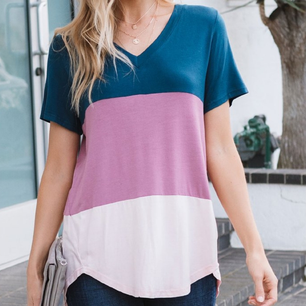 Teal & Mauve Color Block Button-Back V-Neck Tee - - image 4